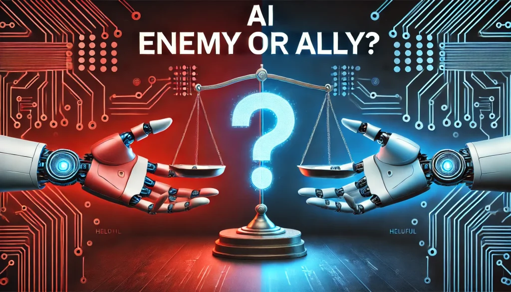 AI: Εχθρός ή Σύμμαχος – Εικόνα με ρομποτικά χέρια και ζυγαριά