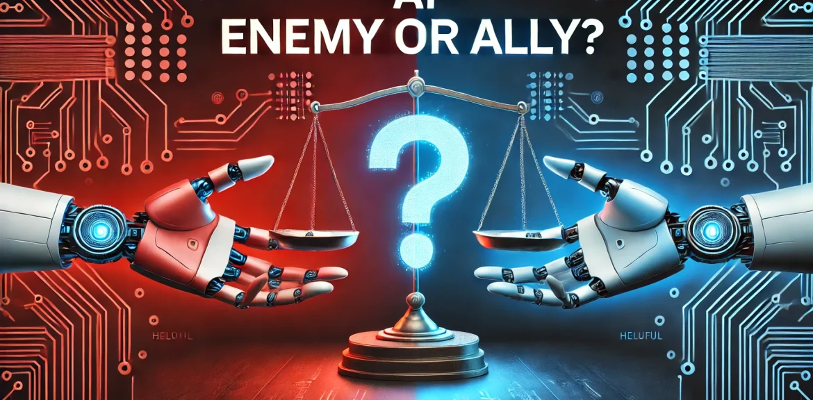 AI: Εχθρός ή Σύμμαχος – Εικόνα με ρομποτικά χέρια και ζυγαριά